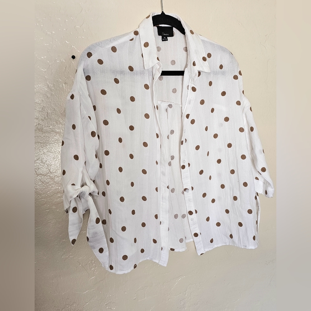 Lumière Blouse Medium White Bronze Polka Dot Button Down - Picture 5 of 9